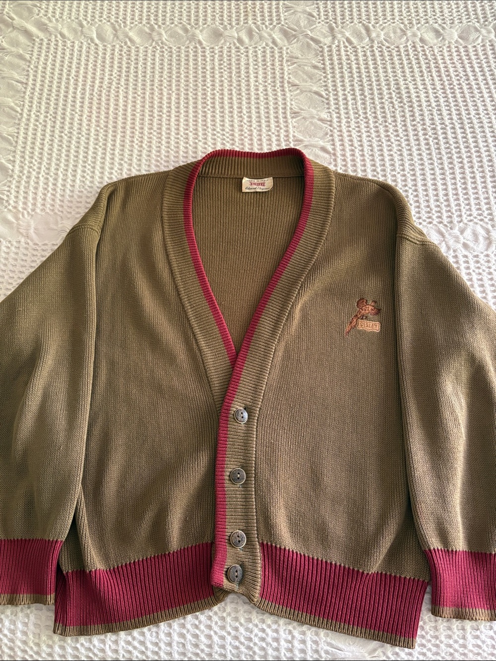 Vintage Sisley Men’s Olive Green Cardigan with Burgundy Trim. Made in Italy